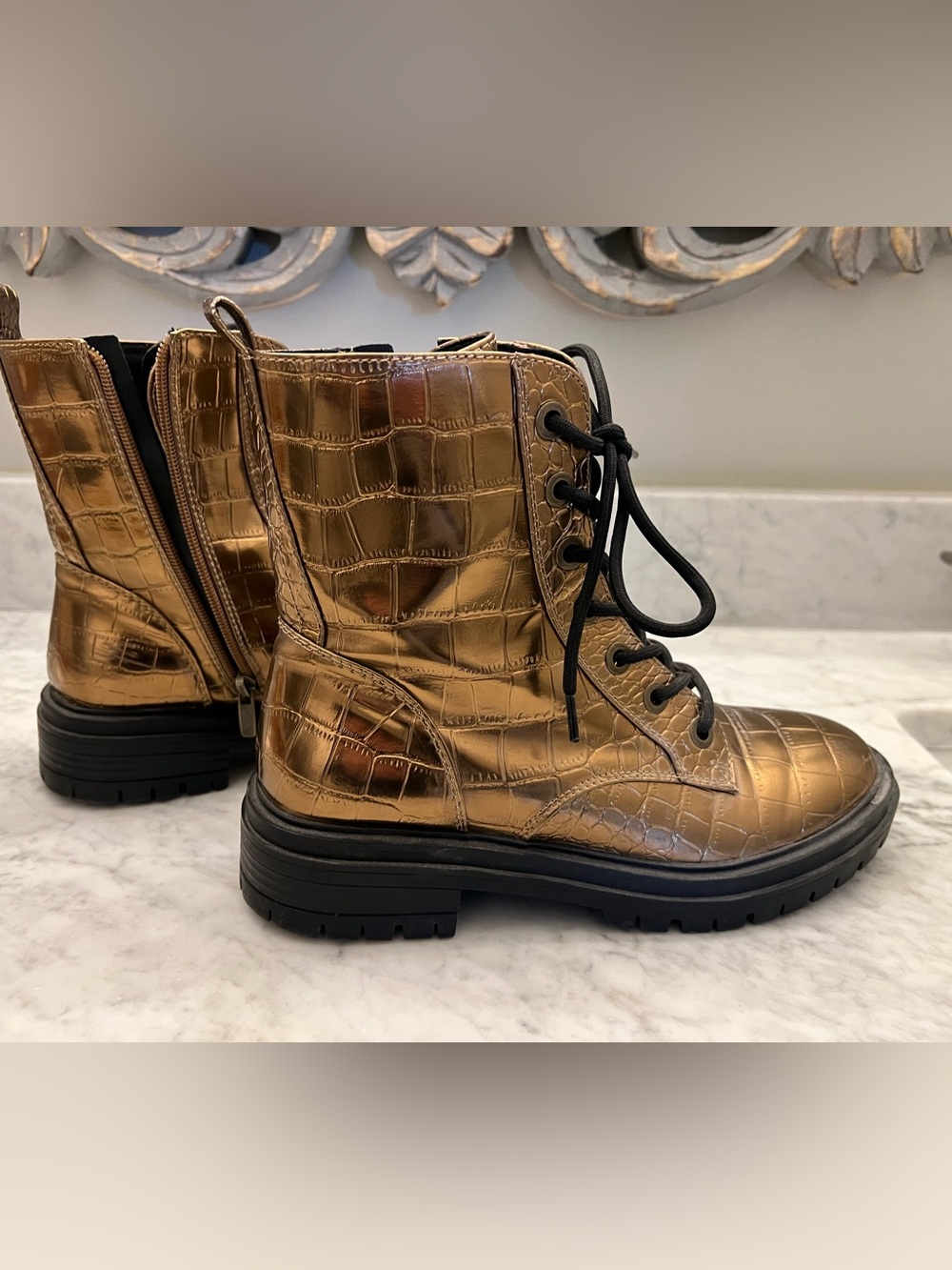 Gold Metallic Croc-Embossed lug Sole Combat Boot